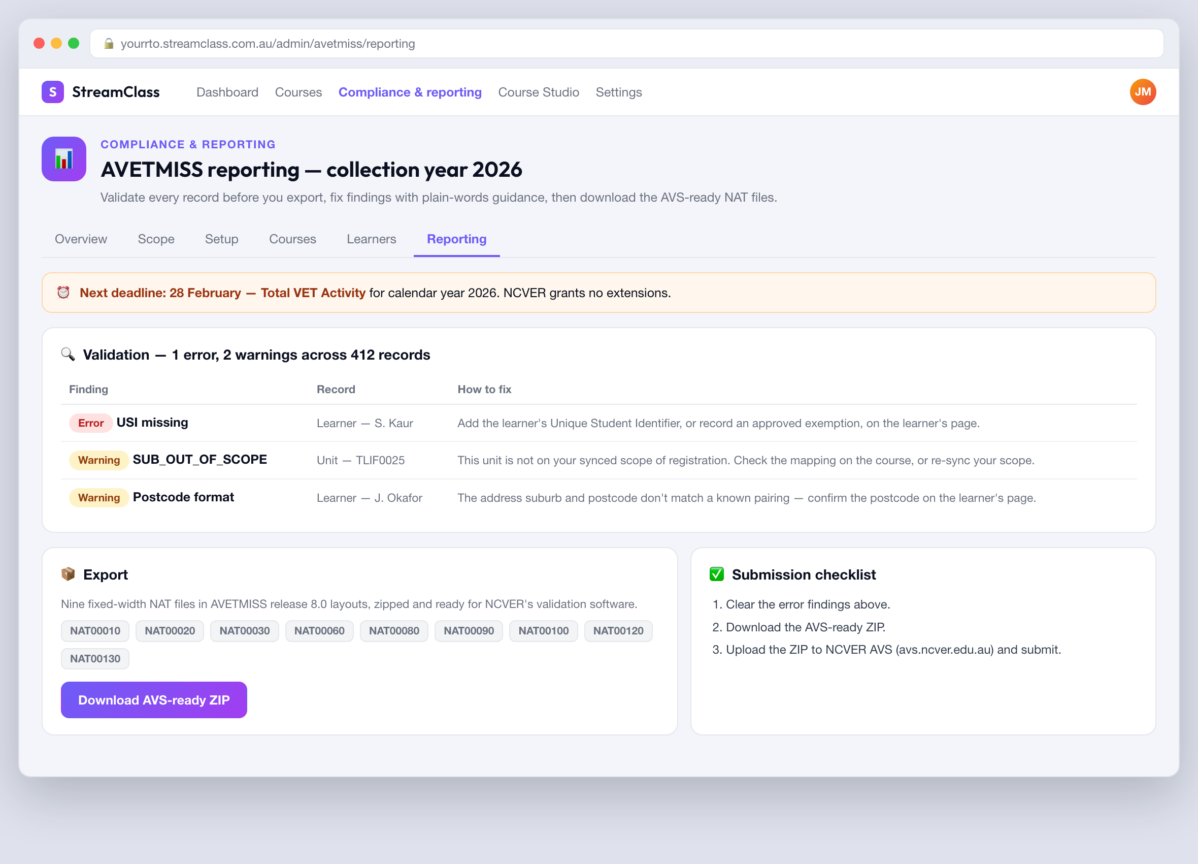 Every learner record validated the day it's entered.