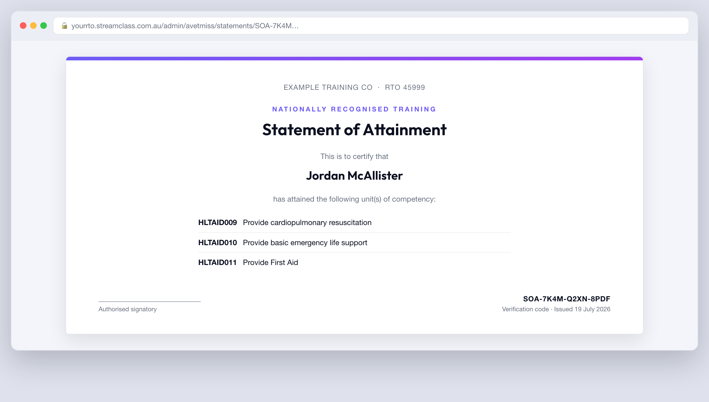 A Statement of Attainment, issued with a fail-closed scope check.